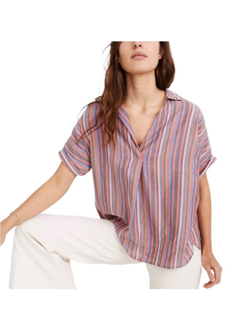 Madewell Pink and Blue Striped Short-Sleeve Buttonless Blouse